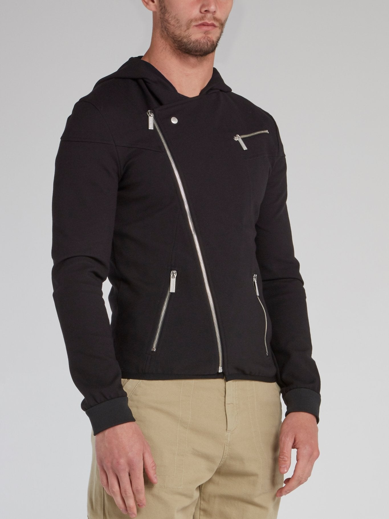 Black Slant Zip Hooded Jacket