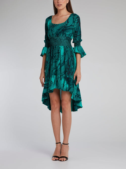 Green Snake Effect Frill Hem Dress