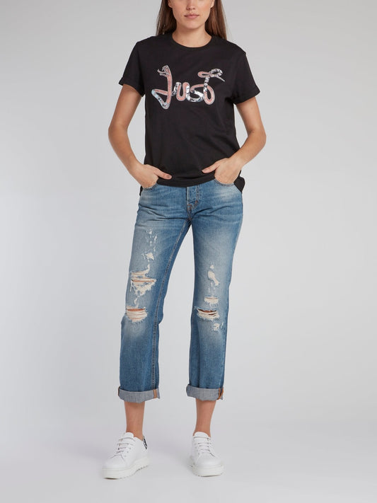 Black Sequin Snake Logo T-Shirt