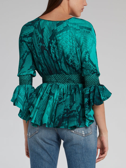 Green Frill Hem Snake Effect Top