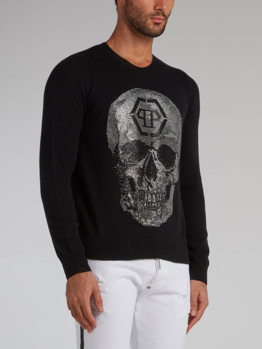 Black Studded Skull Pullover