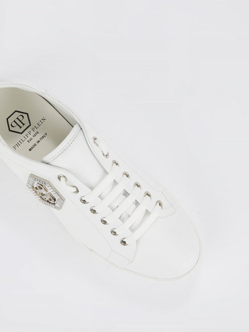 White Crystal Monogram Leather Sneakers