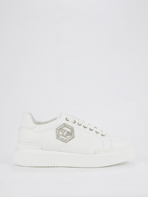 White Crystal Monogram Leather Sneakers