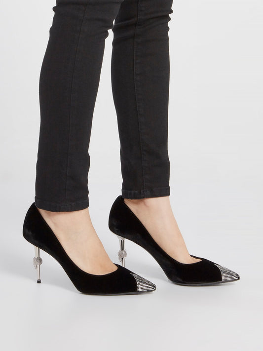 Black Decollete Skull Suede Pumps