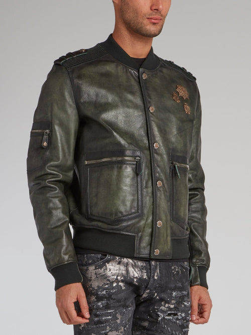 Olive Rustic Leather Military Jacket