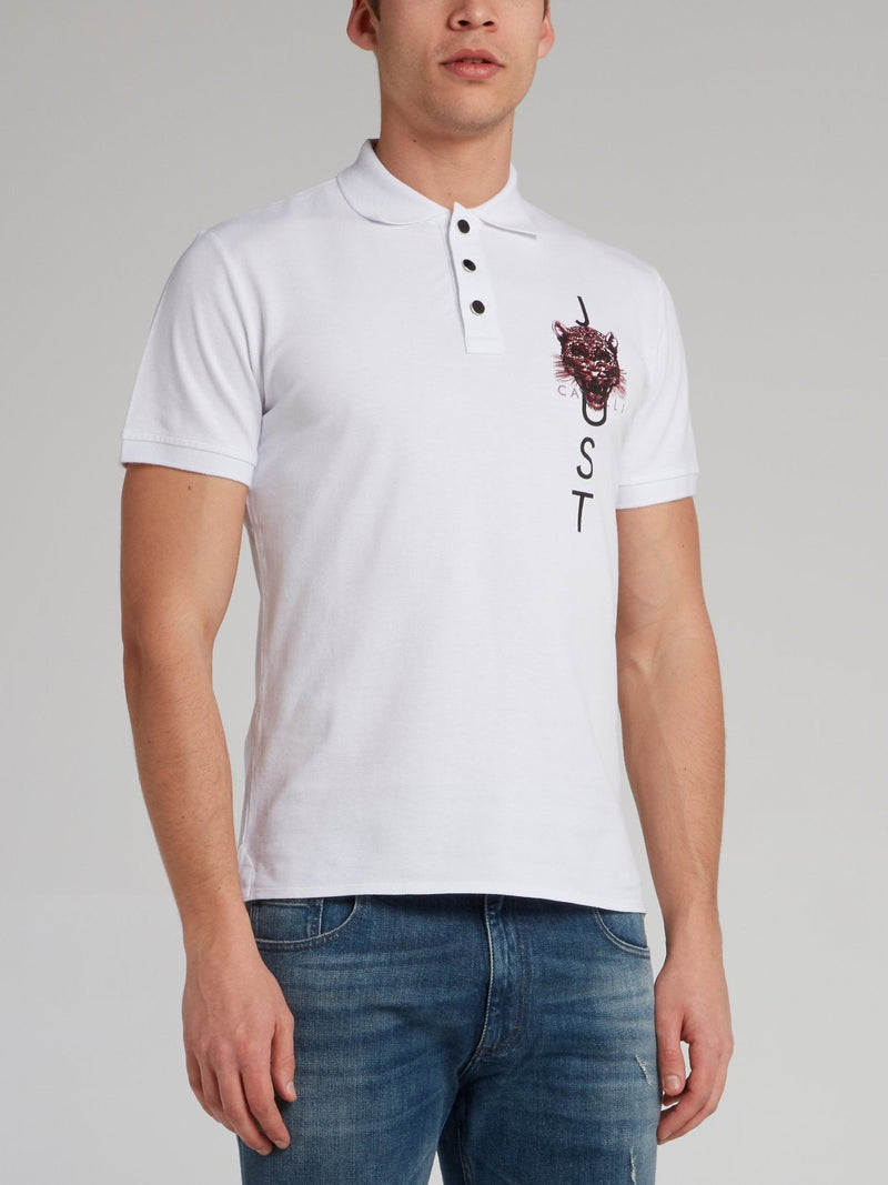 White Leopard Head Print Polo Shirt