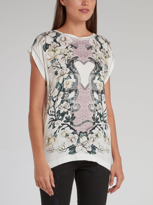 White Snake Floral Print Top