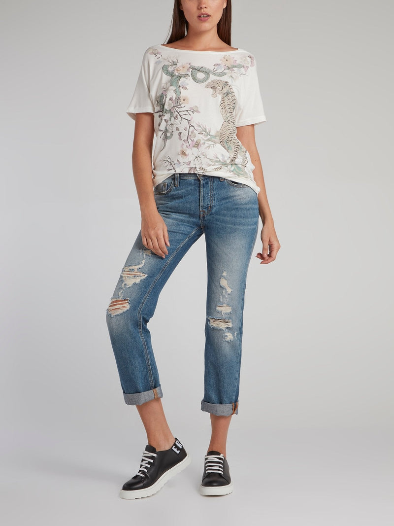 White Floral Embellished Printed Top