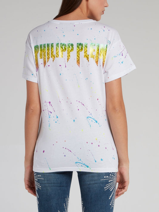 White Paint Splatter Skull T-Shirt