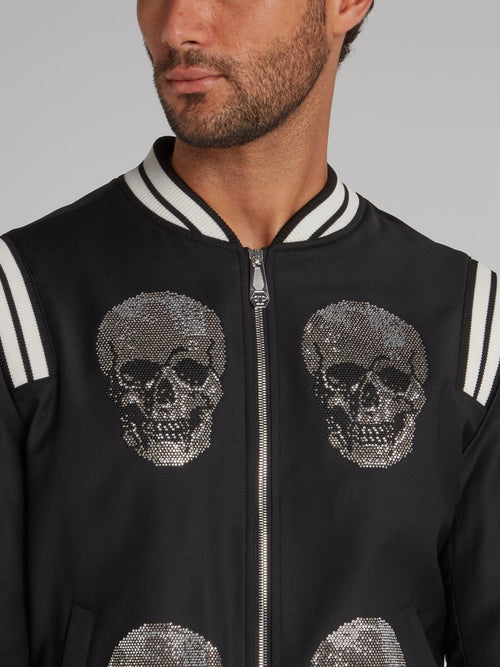 Black Contrast Skull Bomber Jacket