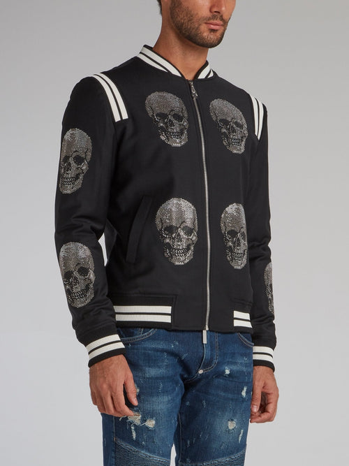 Black Contrast Skull Bomber Jacket