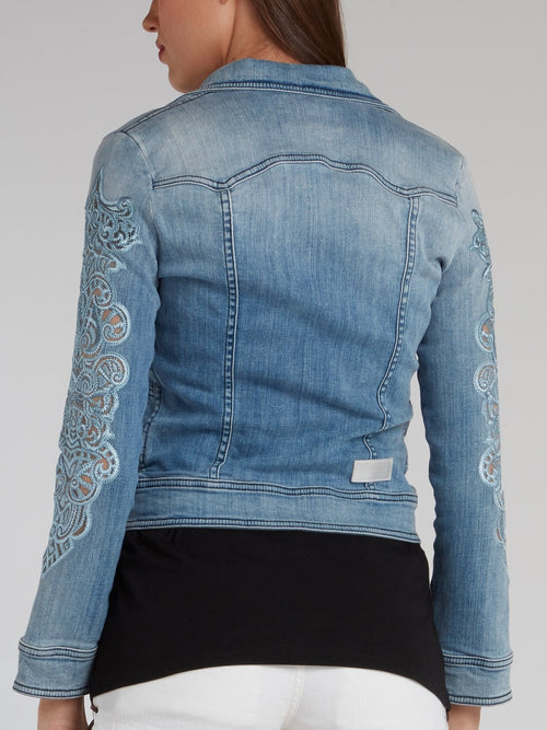 Detailed Sleeve Zip Up Denim Jacket