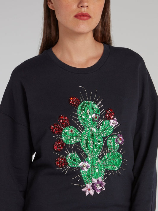 Navy Beadwork Cactus Sweatshirt