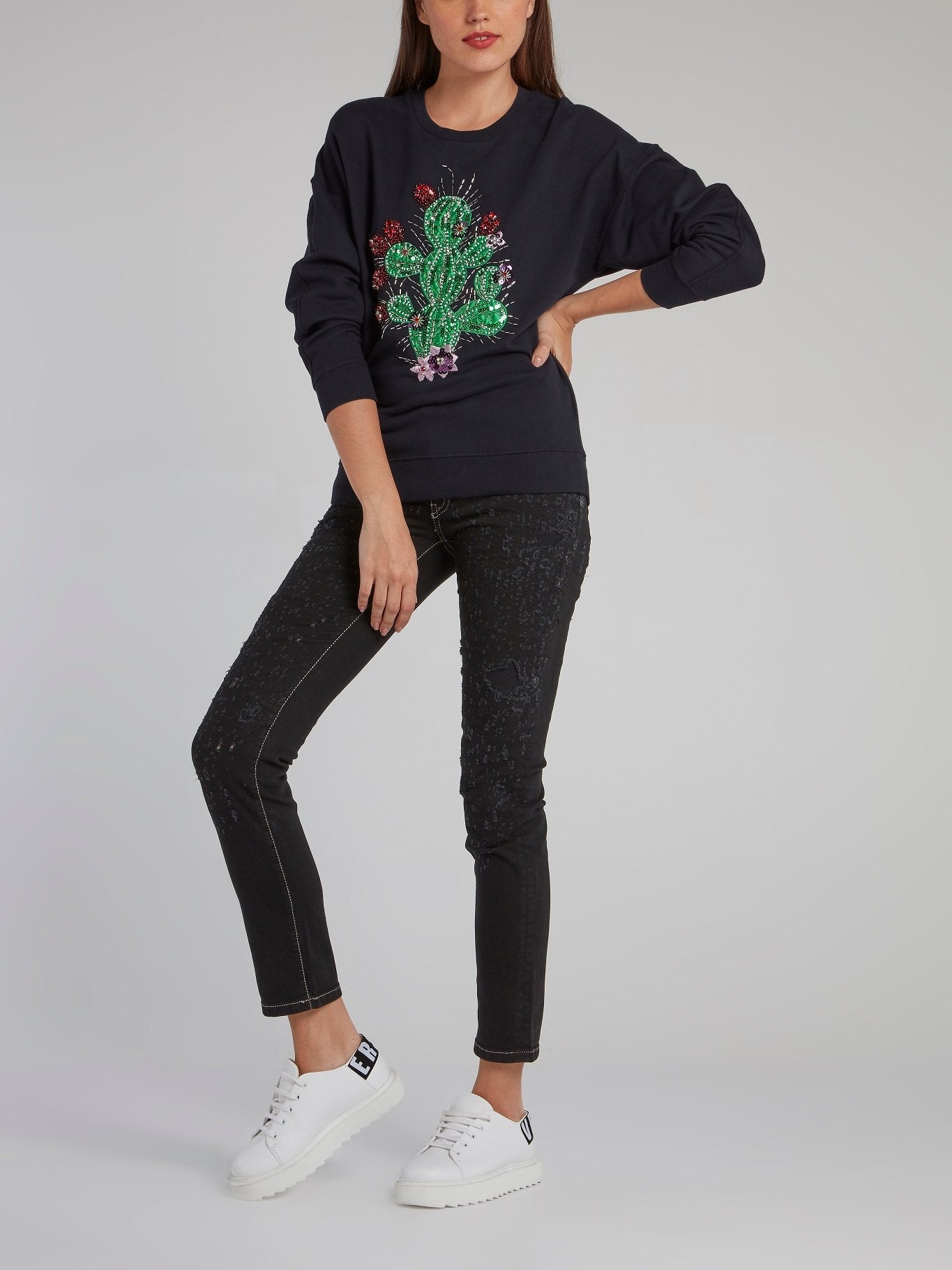 Navy Beadwork Cactus Sweatshirt