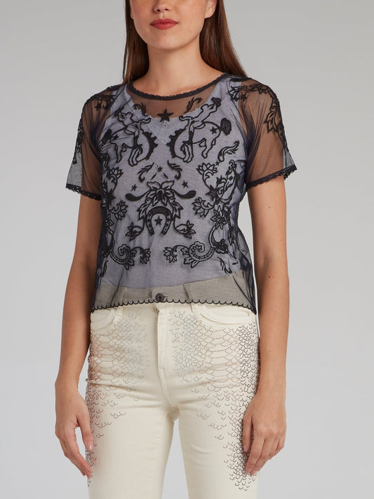 Black Paisley Mesh Top