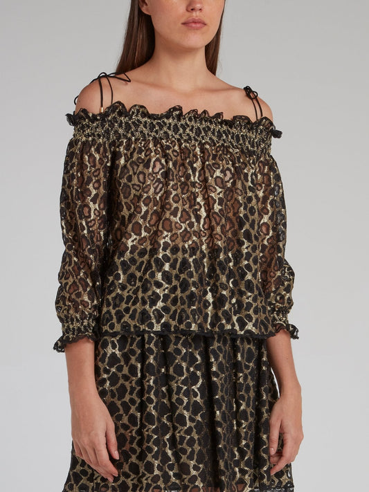 Gold Off-The-Shoulder Leopard Mesh Top