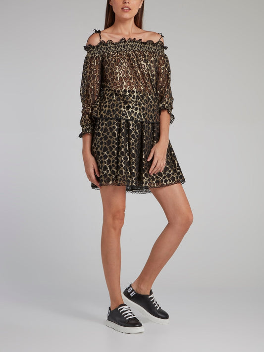 Gold Off-The-Shoulder Leopard Mesh Top