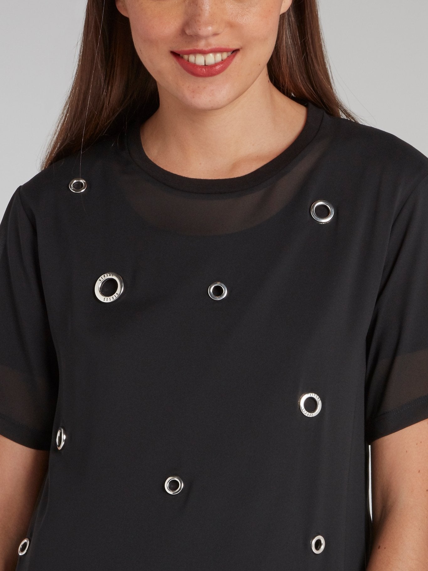 Black Ring Embellished Overlay Jersey Dress