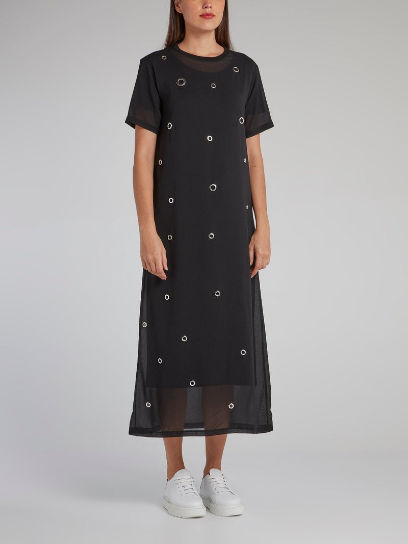 Black Ring Embellished Overlay Jersey Dress