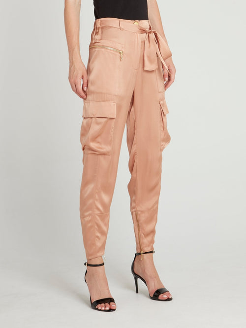 Peach Tie Front Cargo Pants