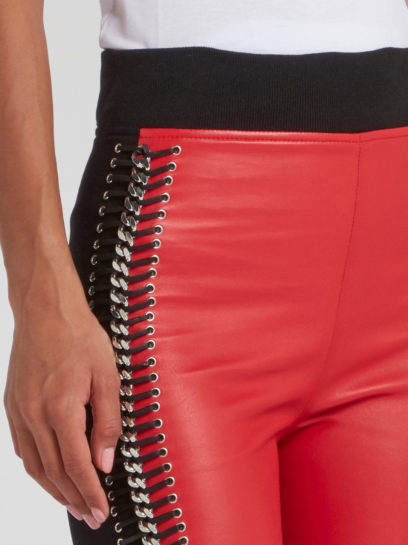 Red Chain Detail Leather Trousers