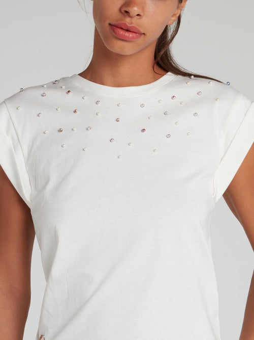 White Slit Back Pearl Embellished Top