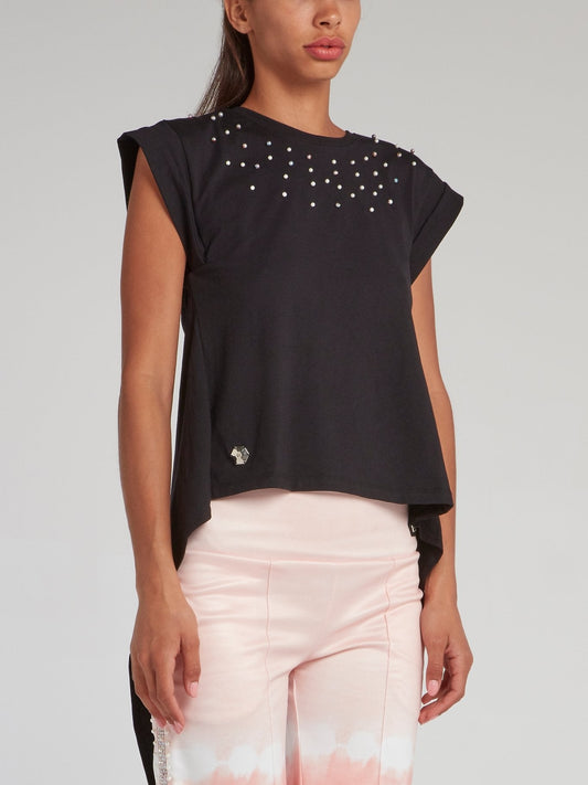 Black Slit Back Pearl Embellished Top