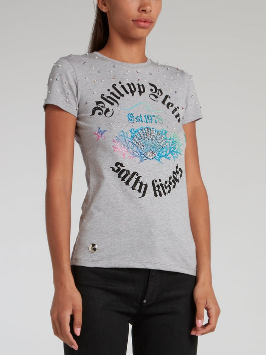 Grey Pearl Embellished Statement T-Shirt