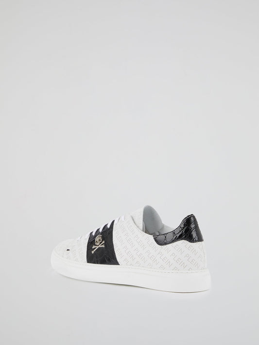 White Monogram Print Contrast Sneakers