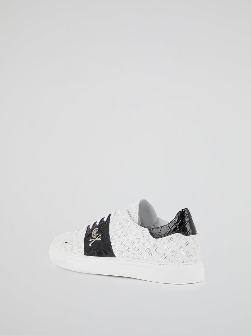 White Monogram Print Contrast Sneakers