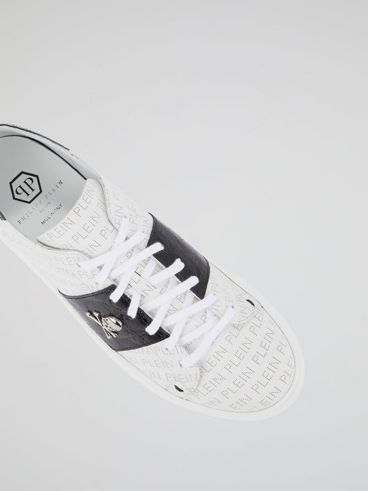 White Monogram Print Contrast Sneakers