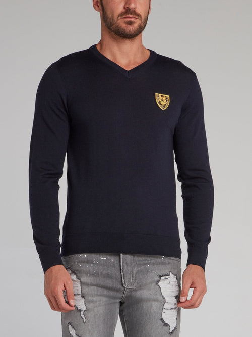 Buckingham Navy Appliquéd V-Neck Pullover