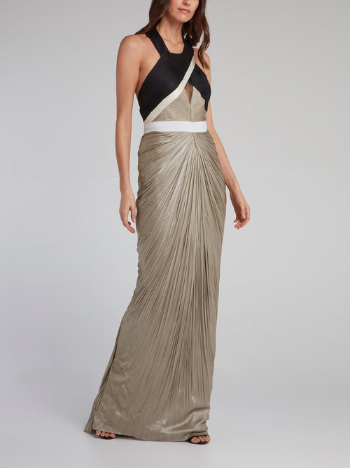 Metallic Ruched Halter Maxi Dress