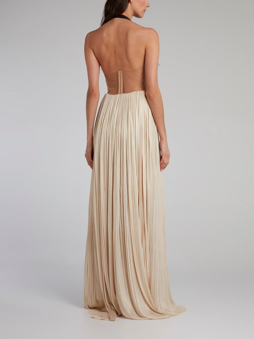 Beige Halter Neck Pleated Maxi Dress