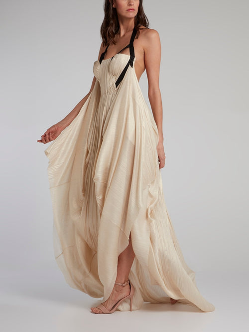 Beige Halter Neck Pleated Maxi Dress