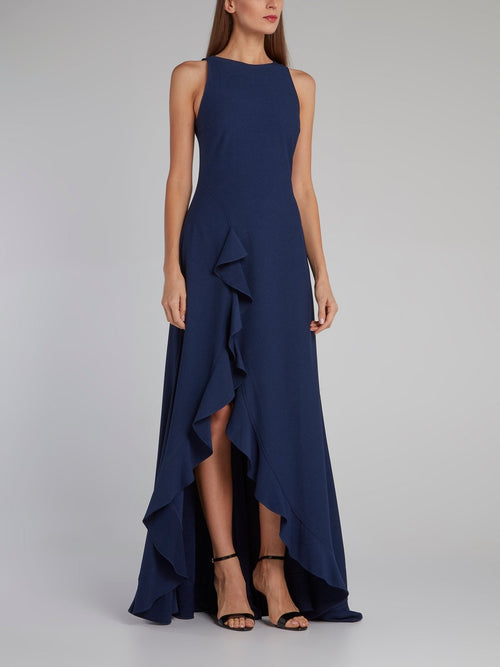 Navy Ruffle Hem Slit Evening Dress