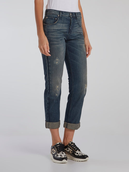 Blue Contrast Stitch Distressed Jeans