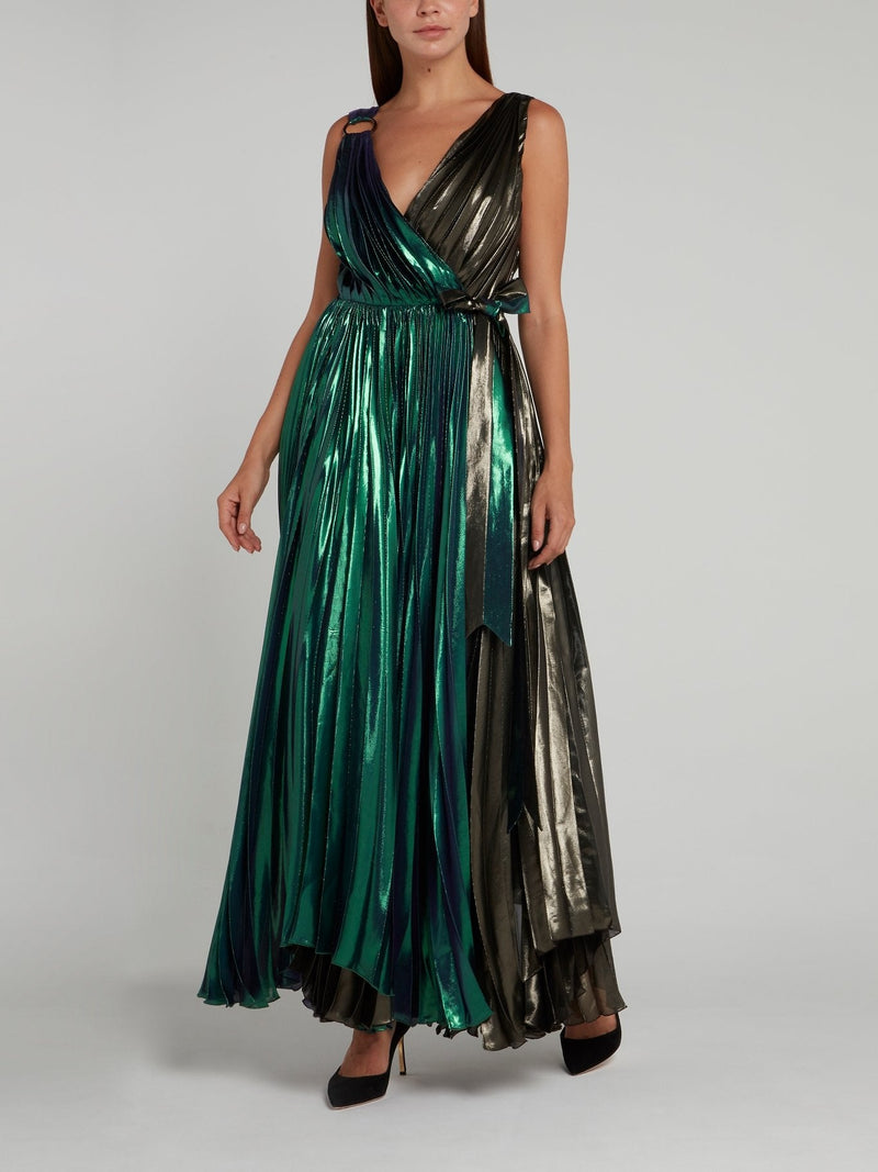 Metallic Accordion Pleat Maxi Dress