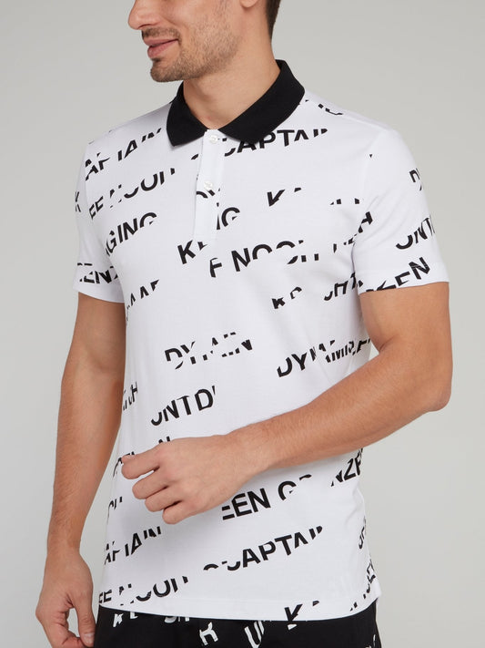 White Contrast Monogram Print Polo Shirt