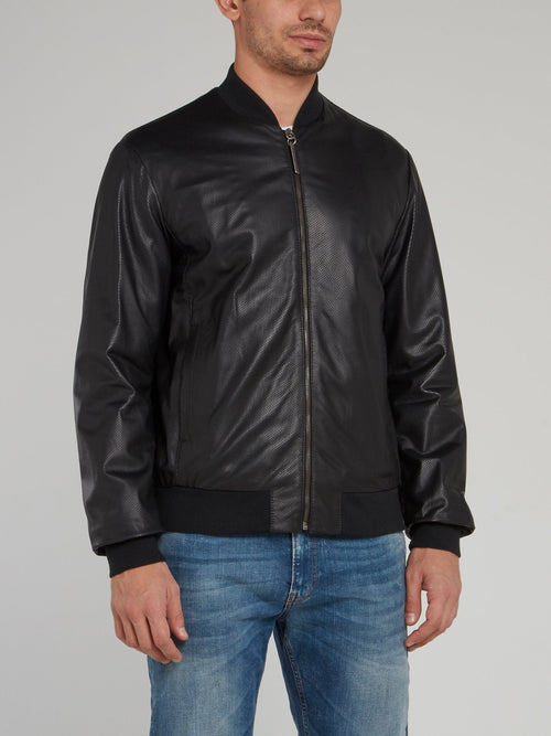 Black Perforated Leather Bomber Jacket