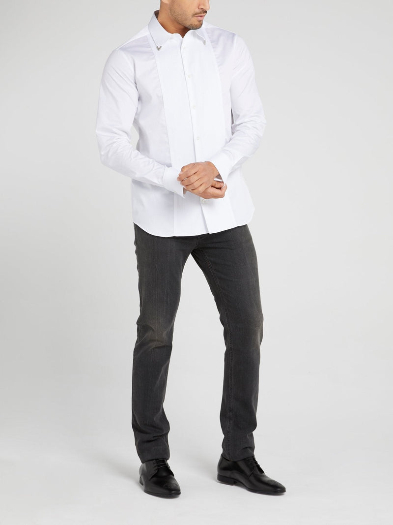 White Collar Tip Embellished Long Sleeve Shirt