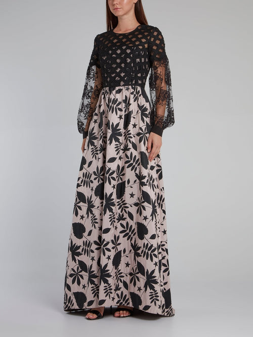 Leaf Print Mesh Sleeve Maxi Dress