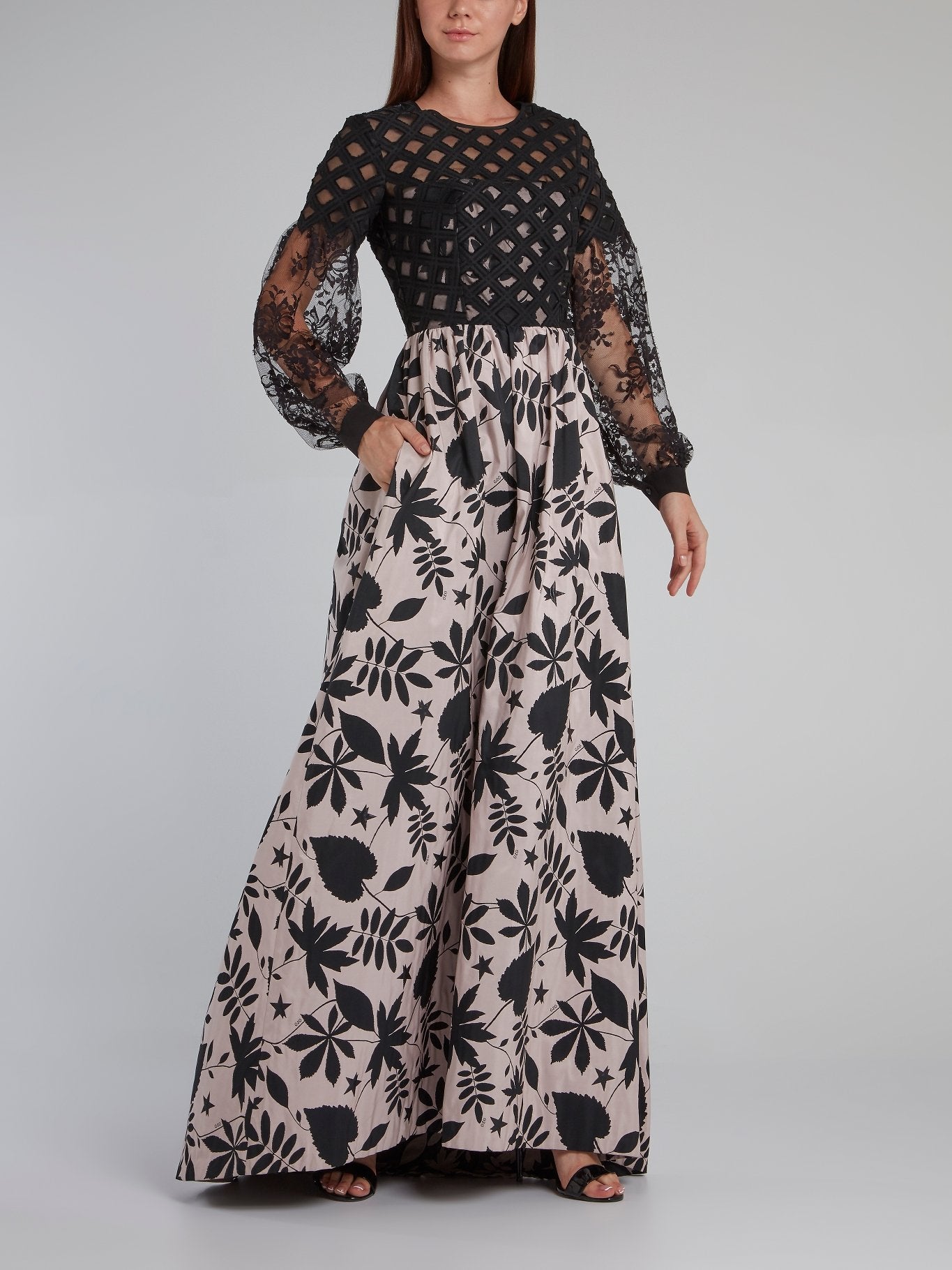 Leaf Print Mesh Sleeve Maxi Dress