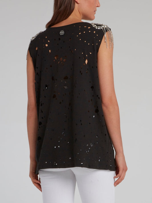 Black Crystal Embellished Ripped Top