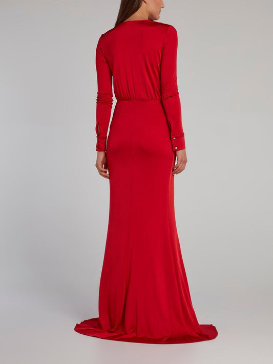 Red Draped Plunge Maxi Dress