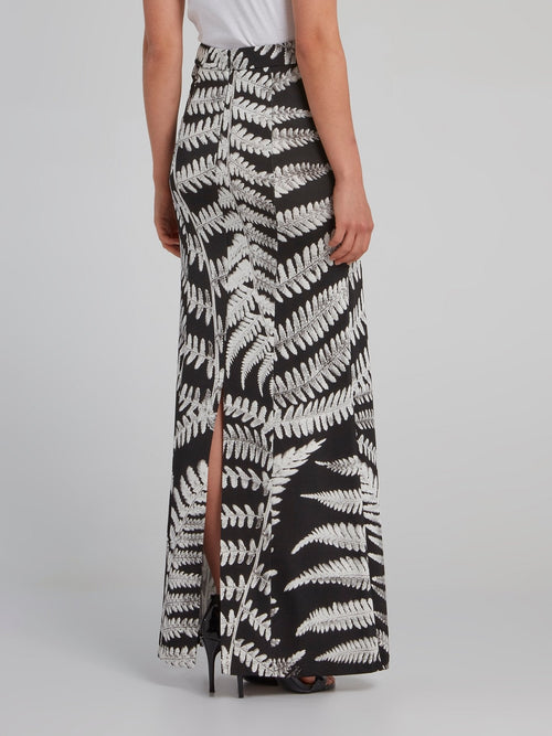 Leaf Print Rear Slit Column Skirt