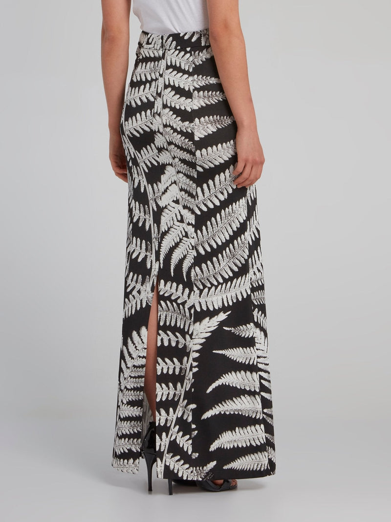 Leaf Print Rear Slit Column Skirt