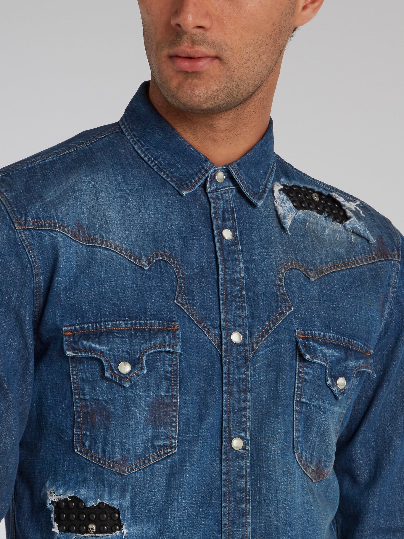 Blue Studded Panel Distressed Shirt