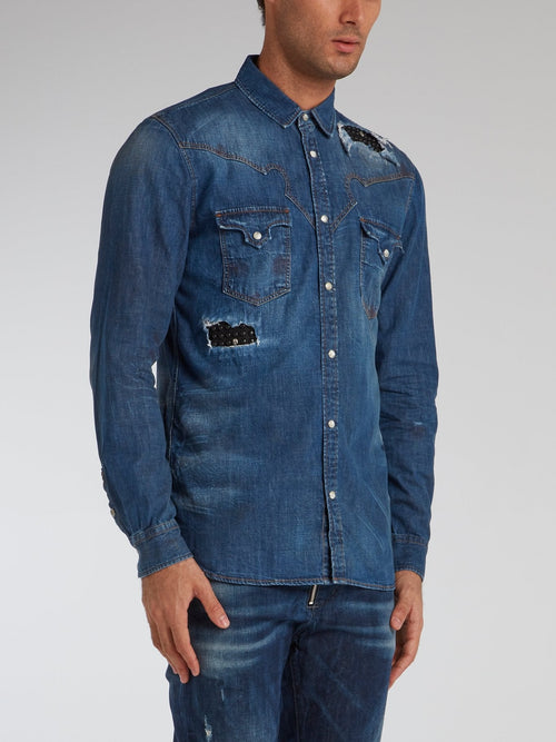 Blue Studded Panel Distressed Shirt