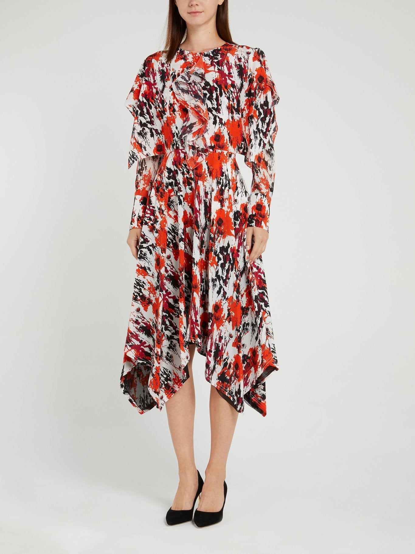 Floral Splatter Ruffle Midi Dress